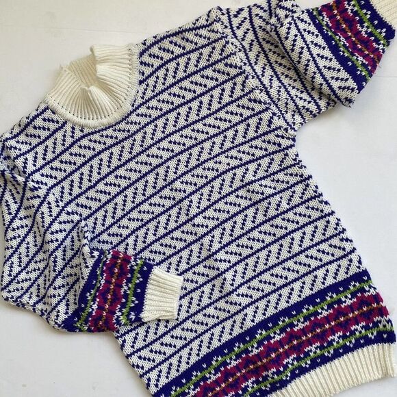 Vintage INTERIN Tunic Sweater Fair Isle Deadstock Purple White Size S - Picture 1 of 9